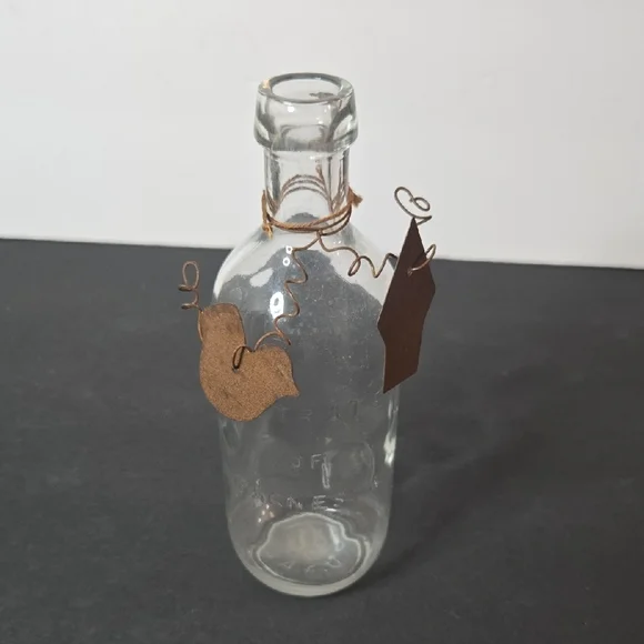 Vintage Medicine Clear Glass Bottle with Brown Metal Tin Tag Charms Bud Vase - Picture 7 of 9